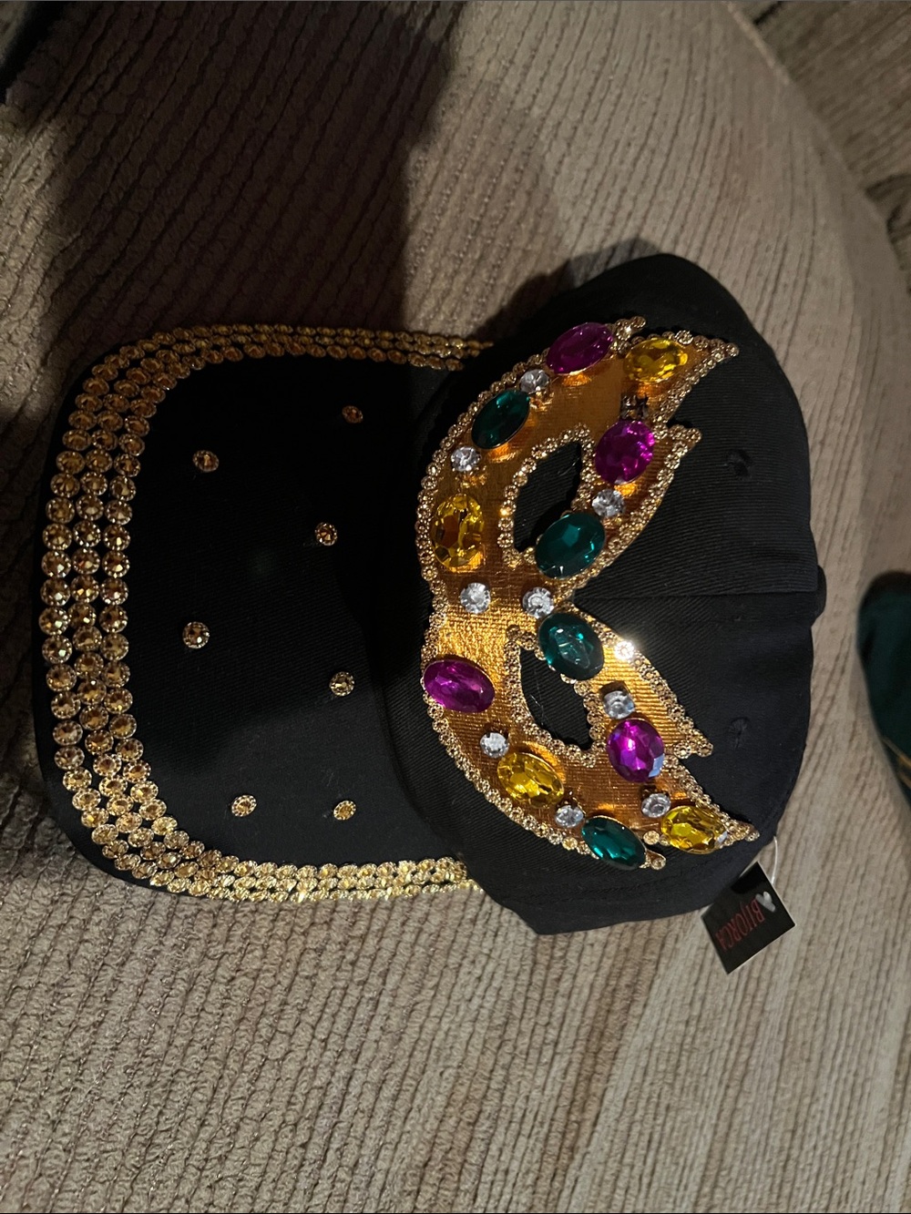 Embellished Black - Mardi Gras Women's Baseball Cap with Gold and Multicolor Gem